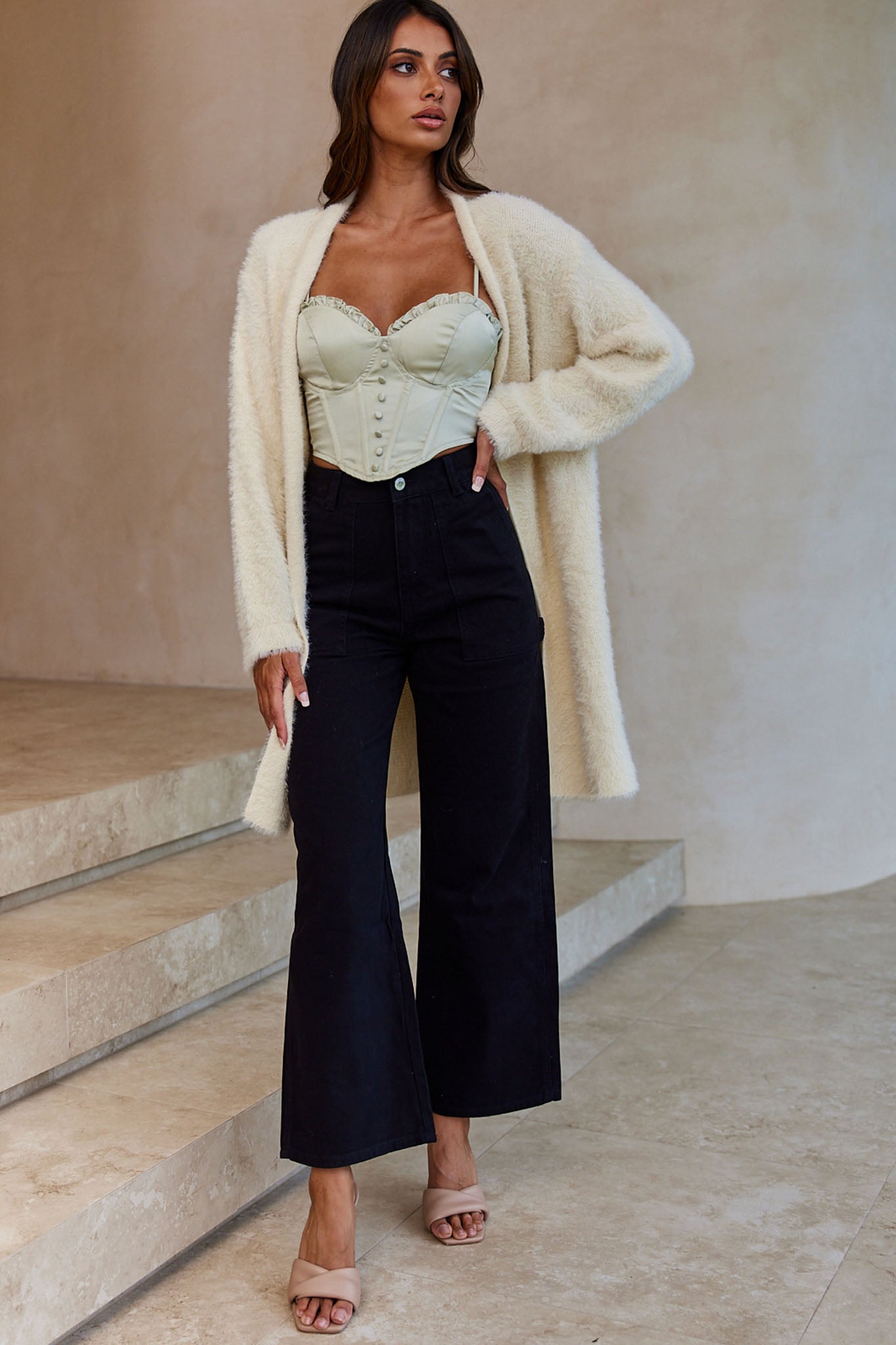 Shop the Hold The Phone Long Sleeve Fuzzy Duster Cardigan Cream
