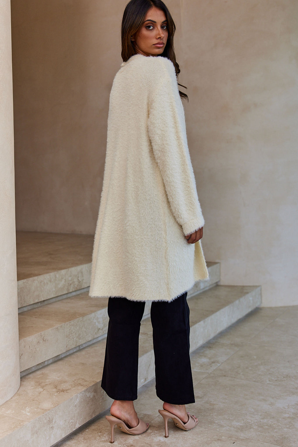Hold The Phone Long Sleeve Fuzzy Duster Cardigan Cream by Selfie Leslie