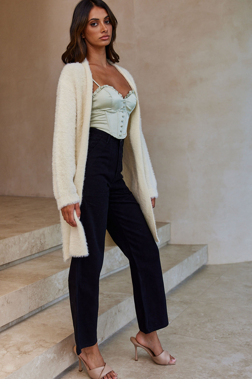 Hold The Phone Long Sleeve Fuzzy Duster Cardigan Cream by Selfie Leslie