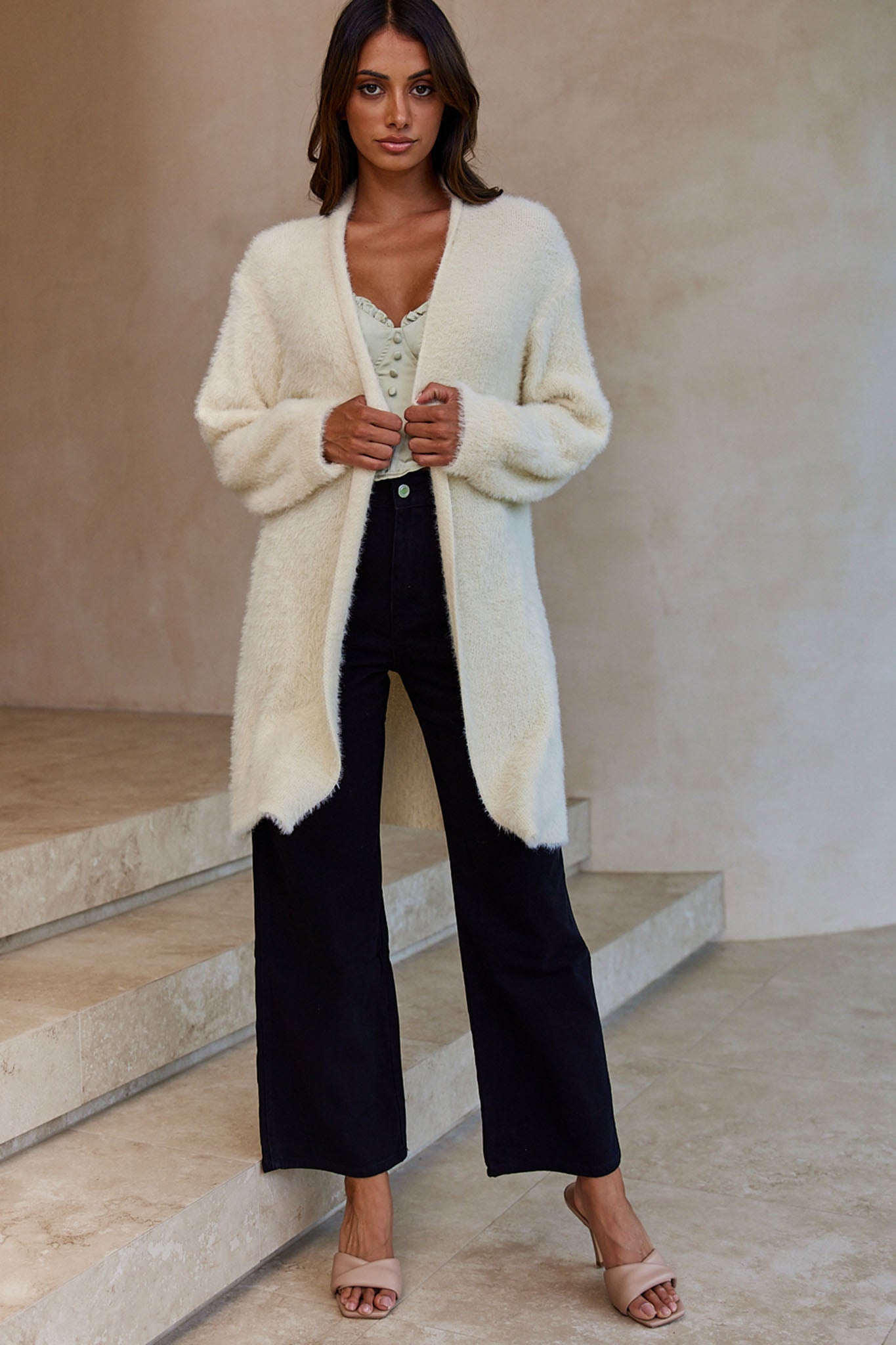 Hold The Phone Long Sleeve Fuzzy Duster Cardigan Cream by Selfie Leslie