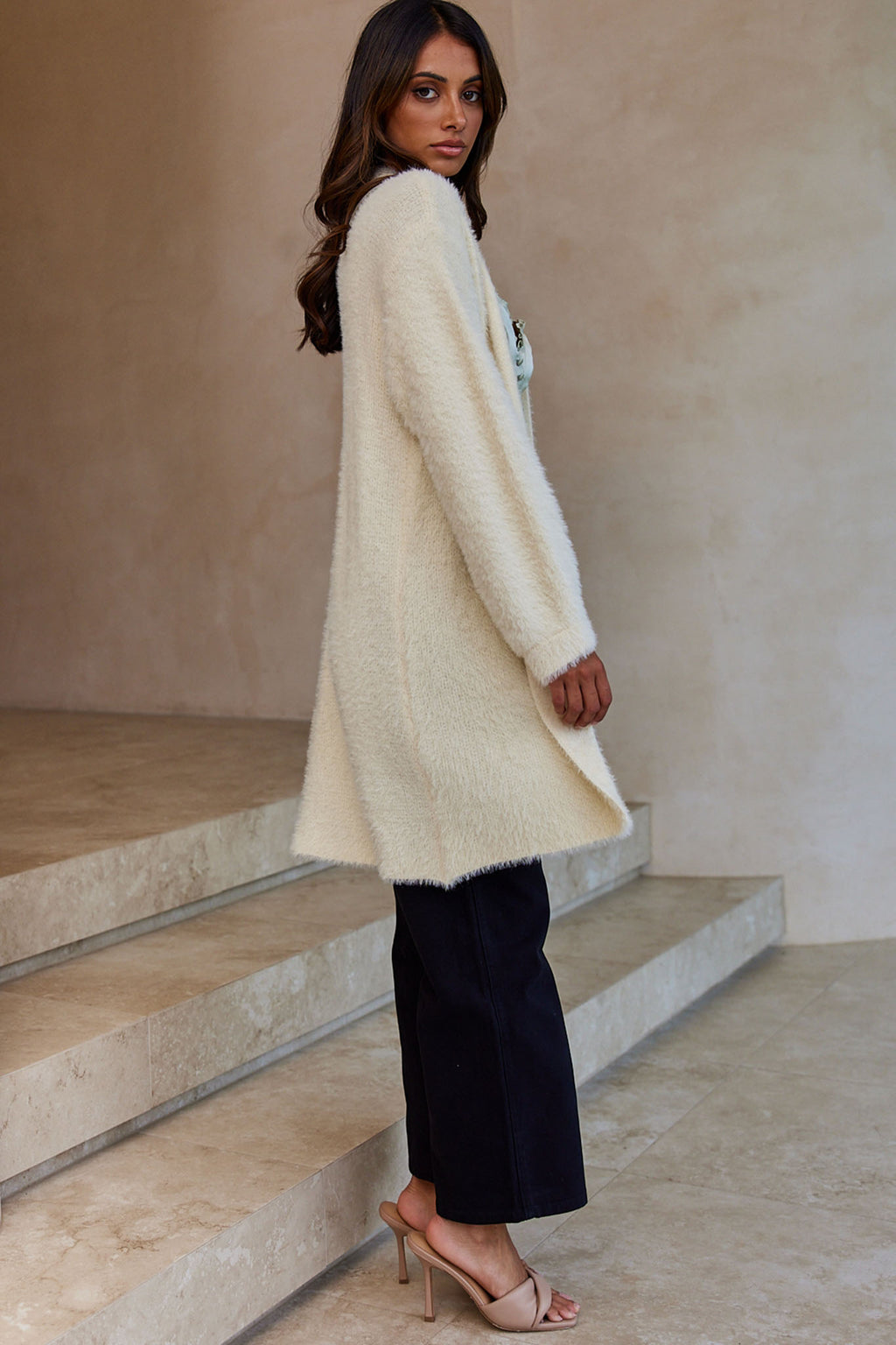 Hold The Phone Long Sleeve Fuzzy Duster Cardigan Cream by Selfie Leslie