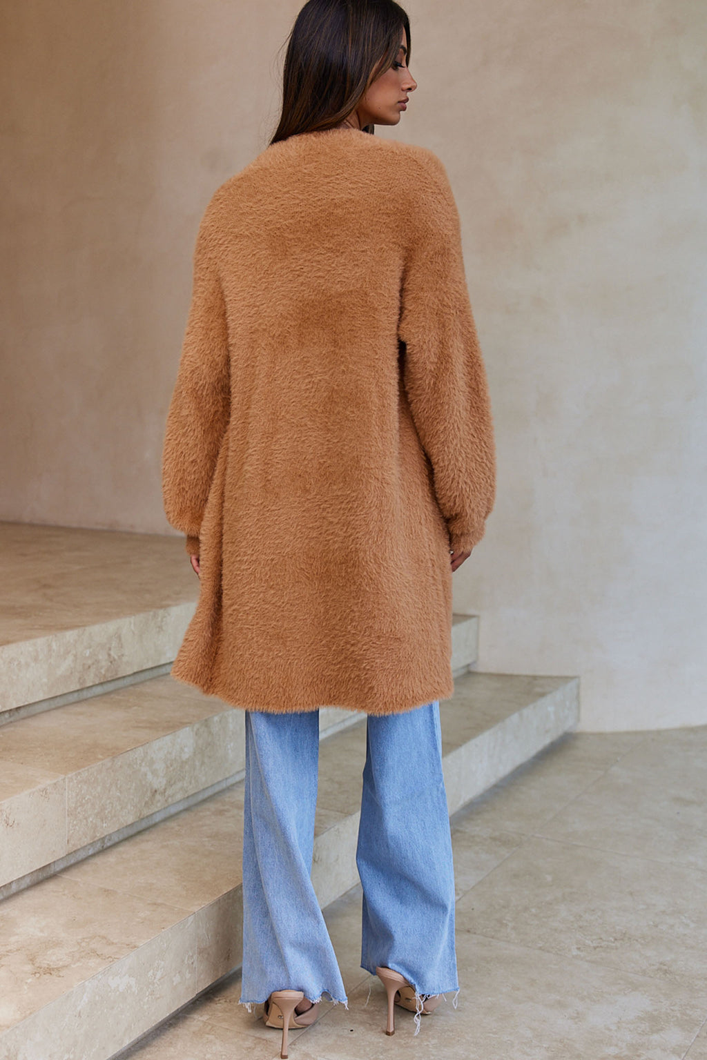 Hold The Phone Long Sleeve Fuzzy Duster Cardigan Tan by Selfie Leslie