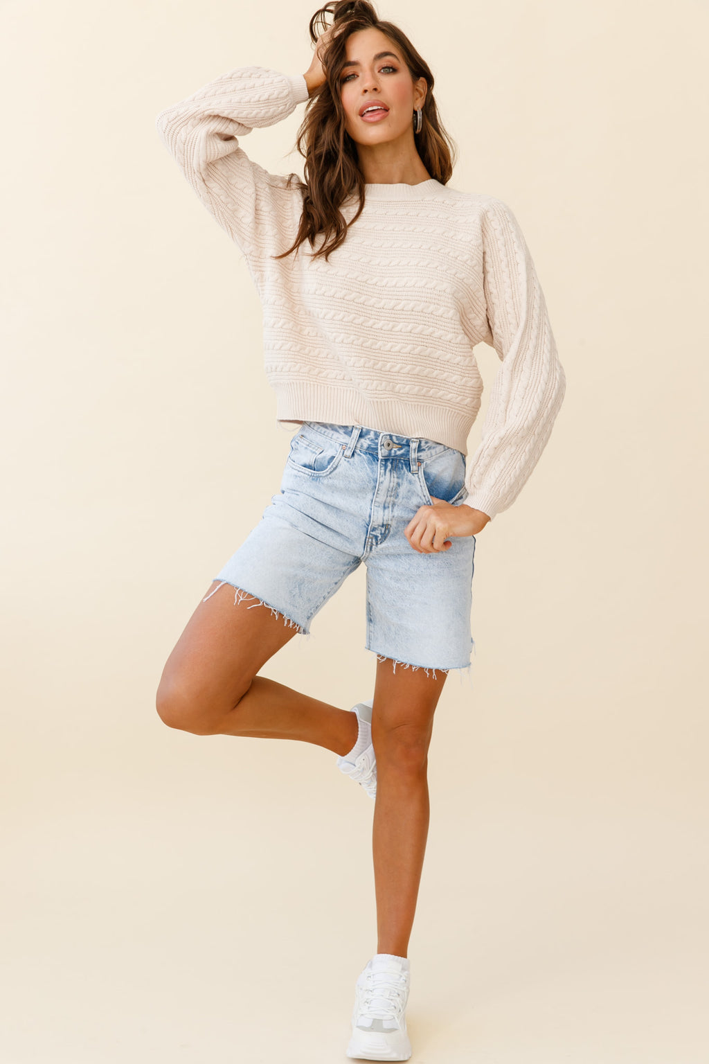 Uncomplicated Crew Neck Horizontal Cable Knit Sweater Beige by Selfie Leslie