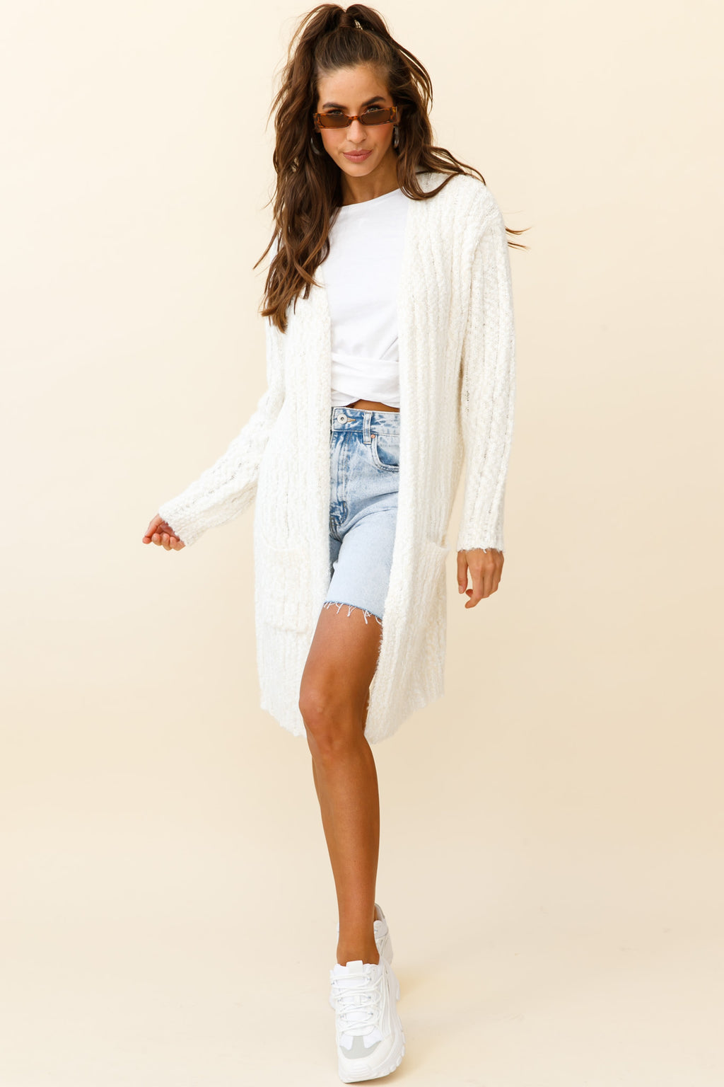 Fredricka Long-Line Knit Cardigan White by Selfie Leslie