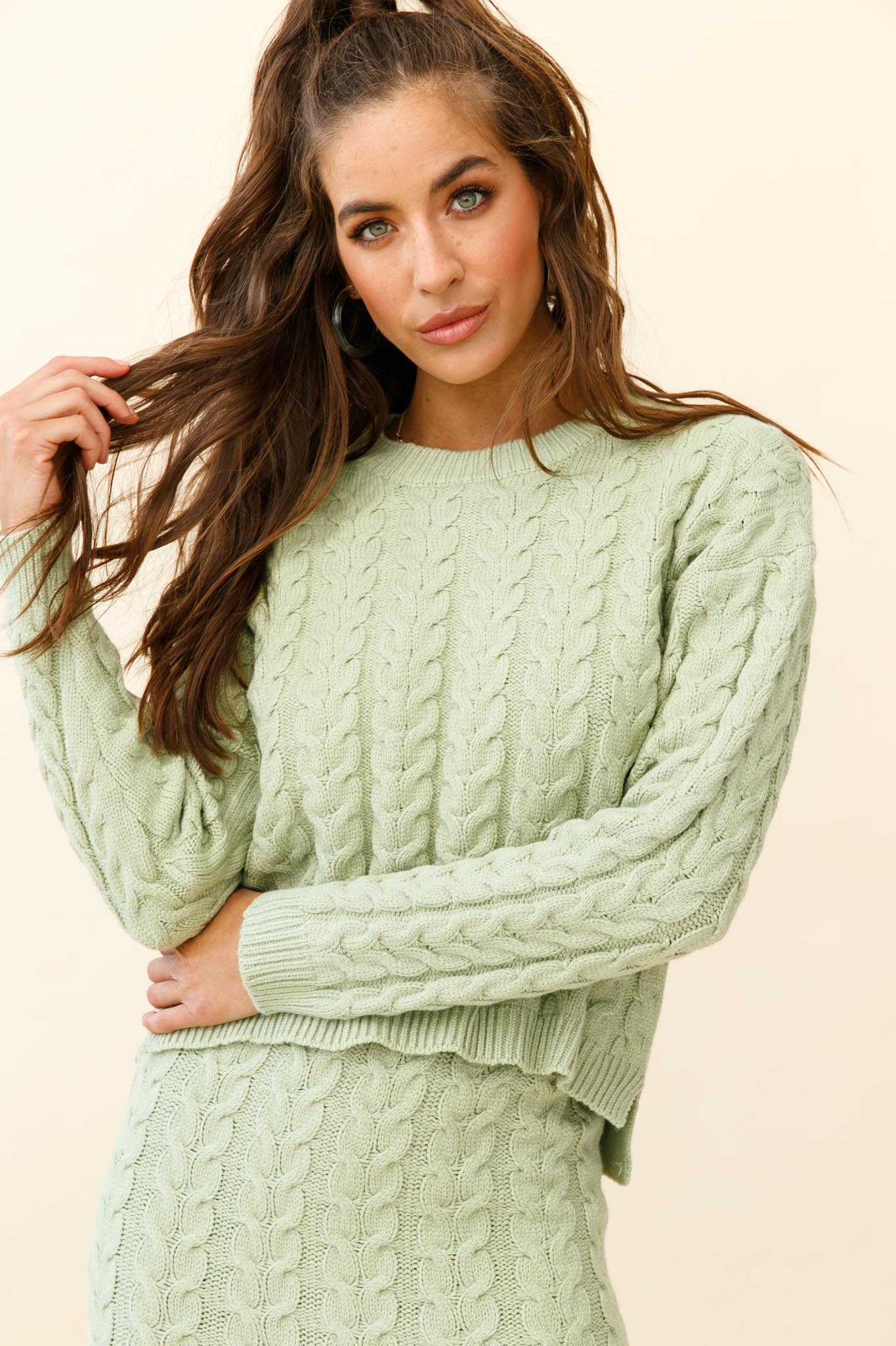 Cozy Up Cable Knit Sweater Green by Selfie Leslie