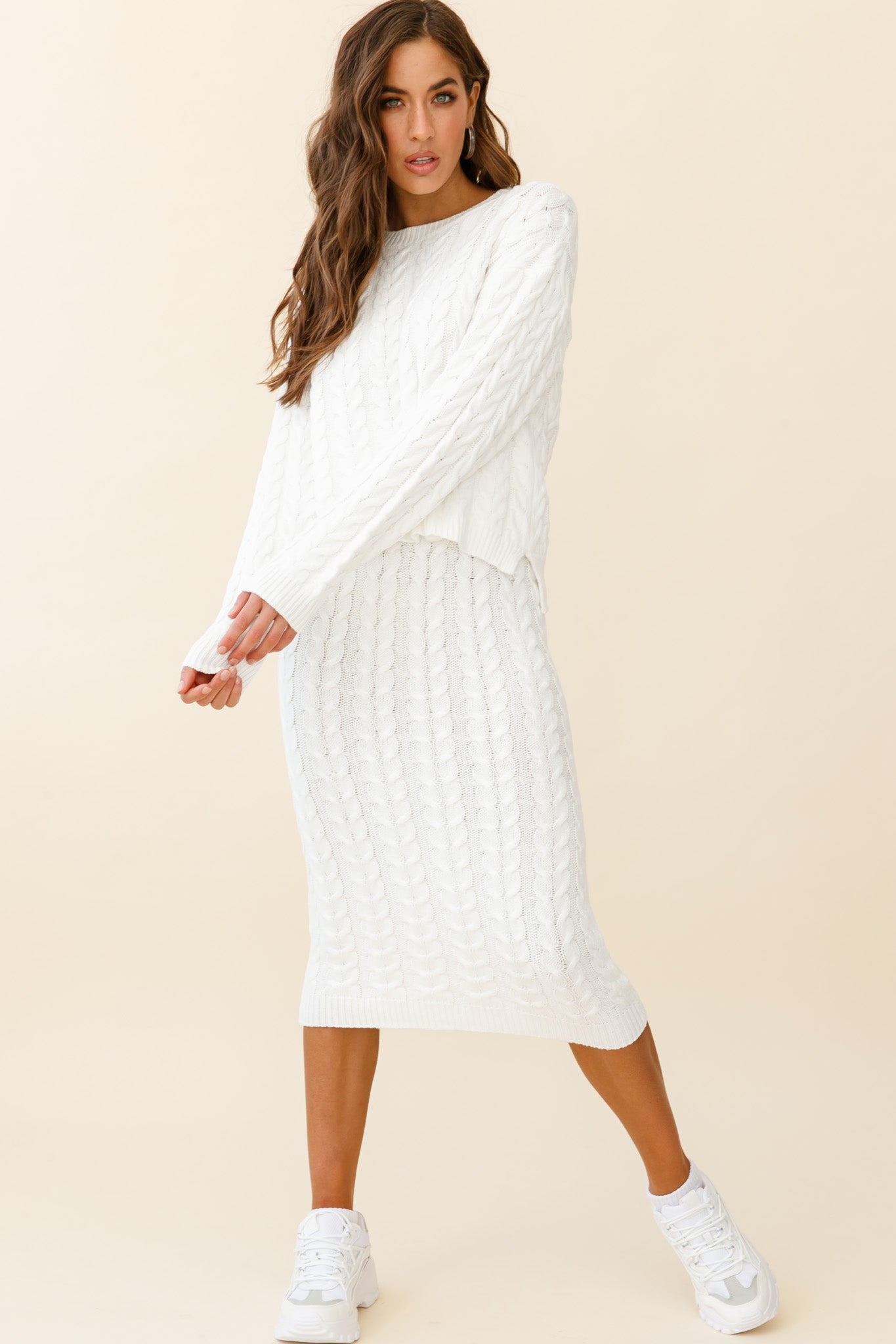 Cozy Up Cable Knit Sweater White by Selfie Leslie