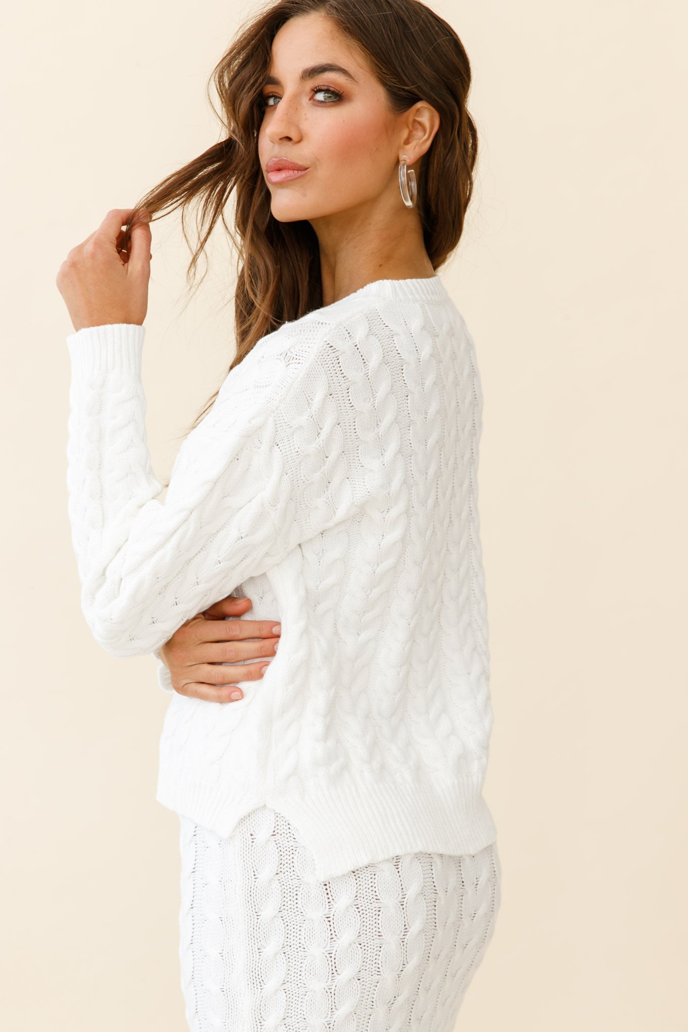 Cozy Up Cable Knit Sweater White by Selfie Leslie
