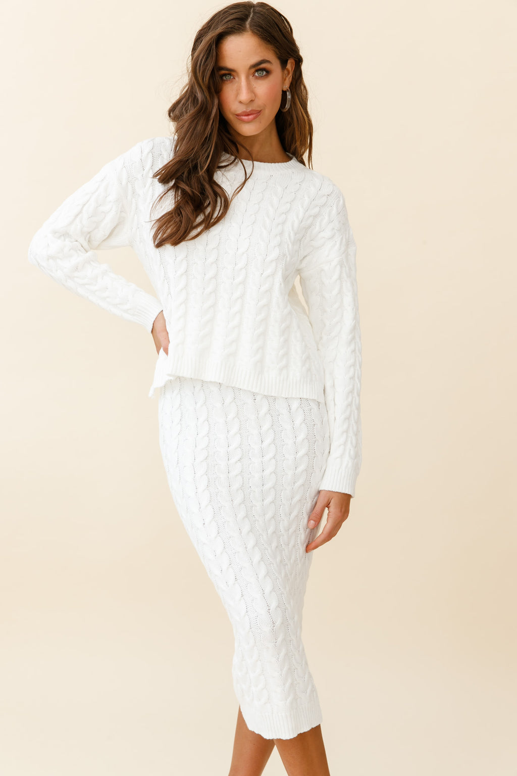 Cozy Up Cable Knit Sweater White by Selfie Leslie