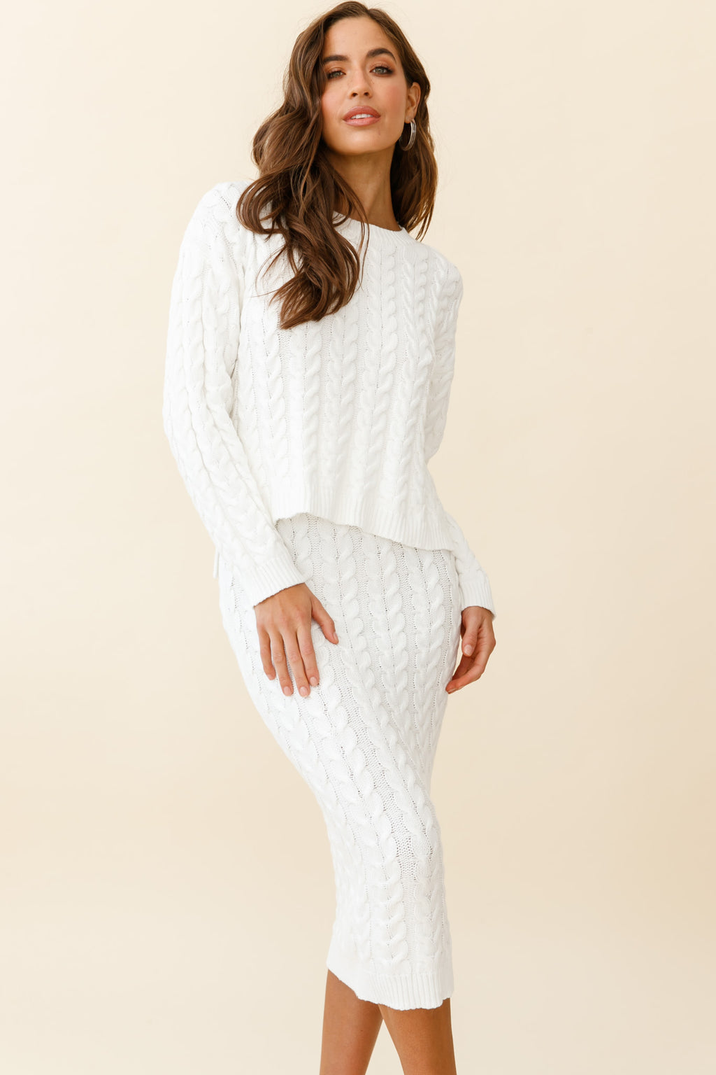 Cozy Up Cable Knit Sweater White by Selfie Leslie