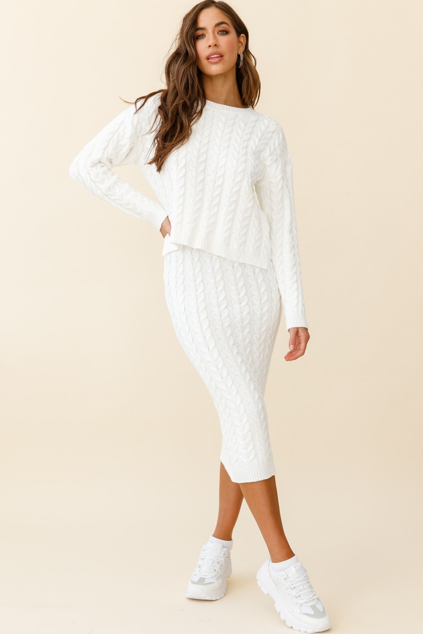Cozy Up Cable Knit Sweater White by Selfie Leslie