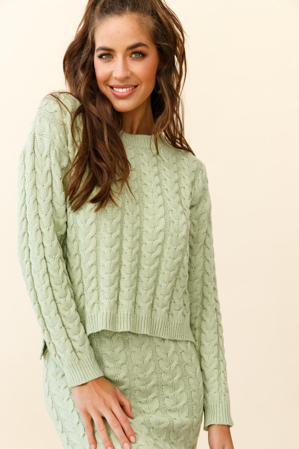 Cozy Up Cable Knit Midi Skirt Green by Selfie Leslie