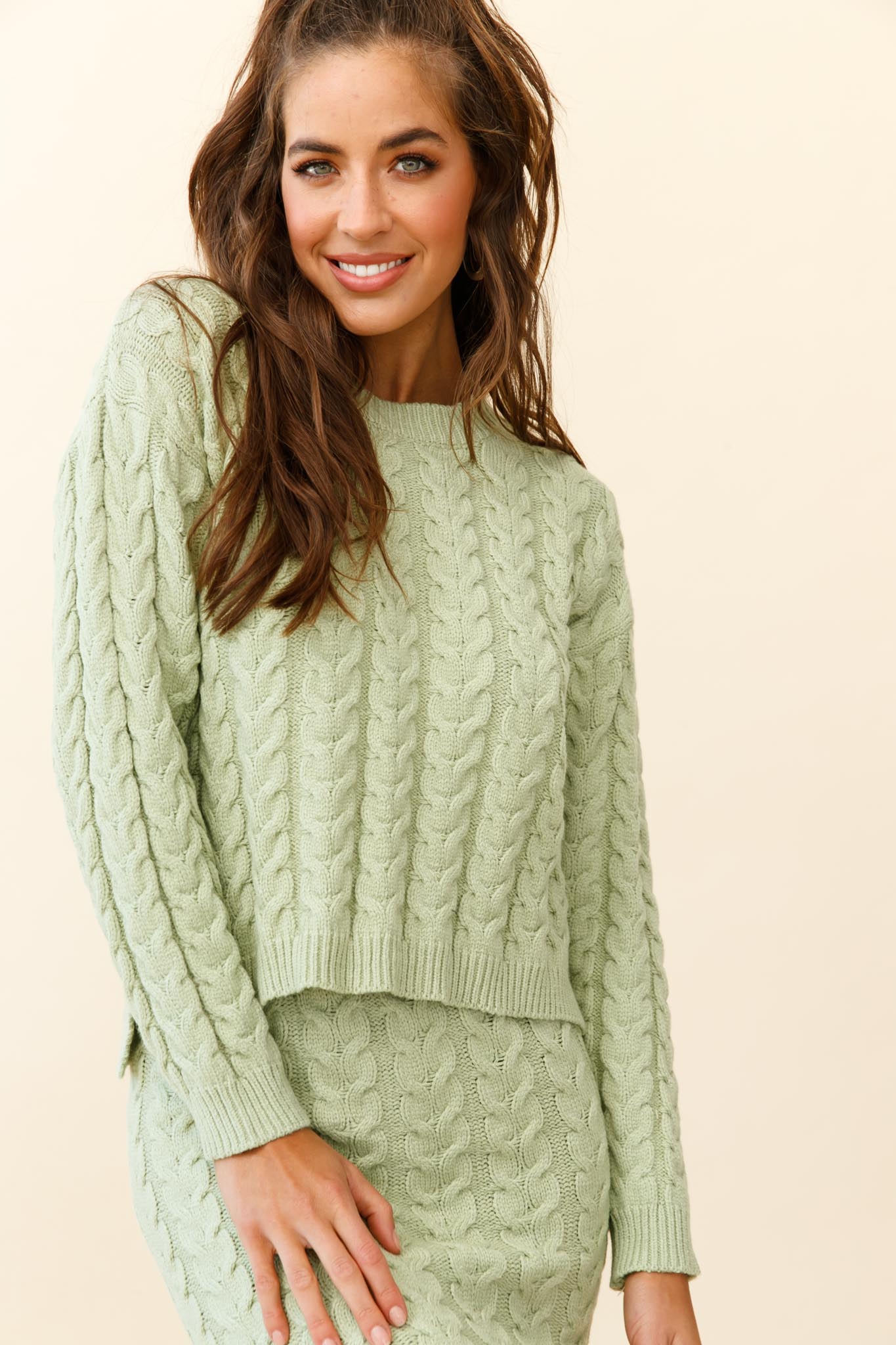 Cozy Up Cable Knit Midi Skirt Green by Selfie Leslie