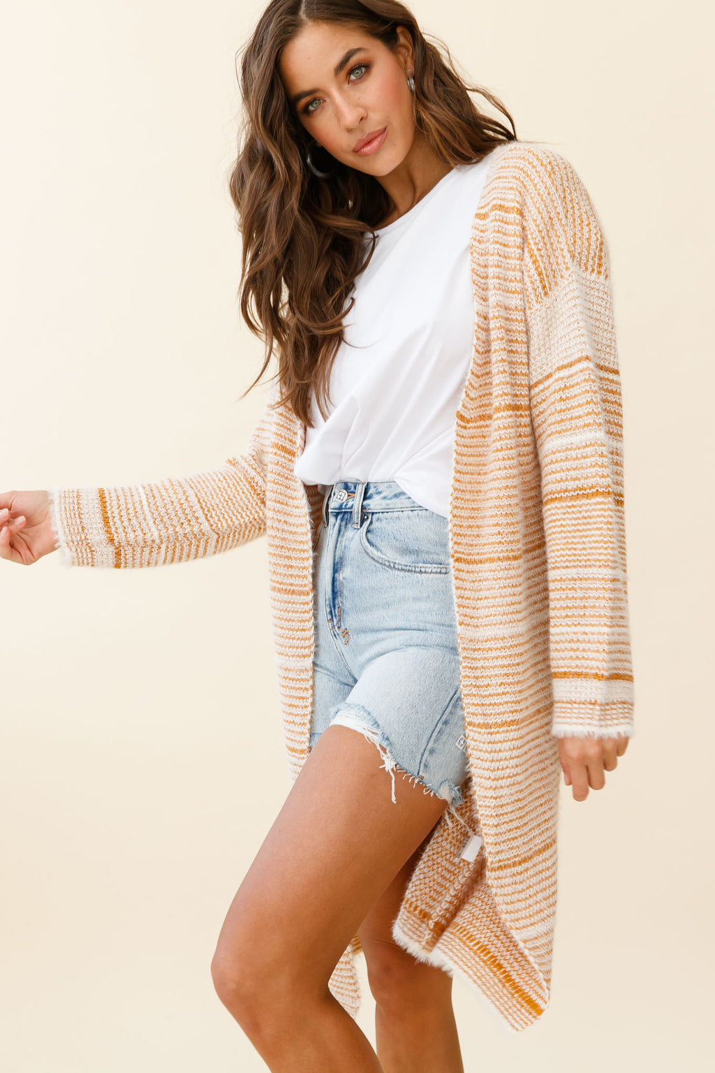 Moon Shine Fuzzy Knit Long Cardigan Striped Beige by Selfie Leslie