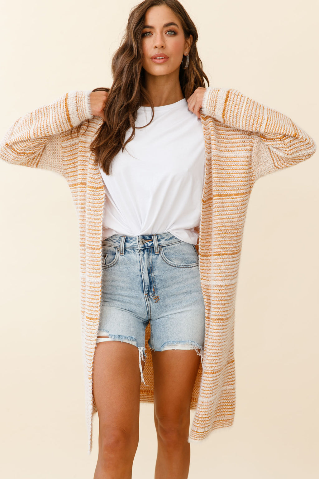 Moon Shine Fuzzy Knit Long Cardigan Striped Beige by Selfie Leslie