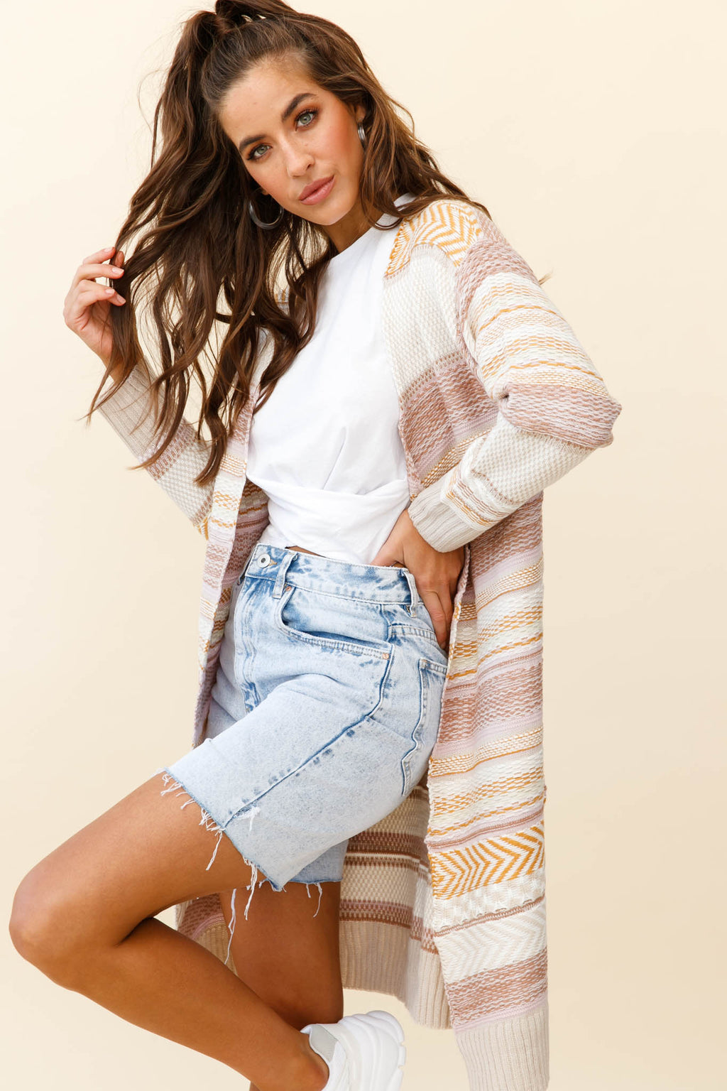 Sabine Long Line Textured Knit Cardigan Beige by Selfie Leslie