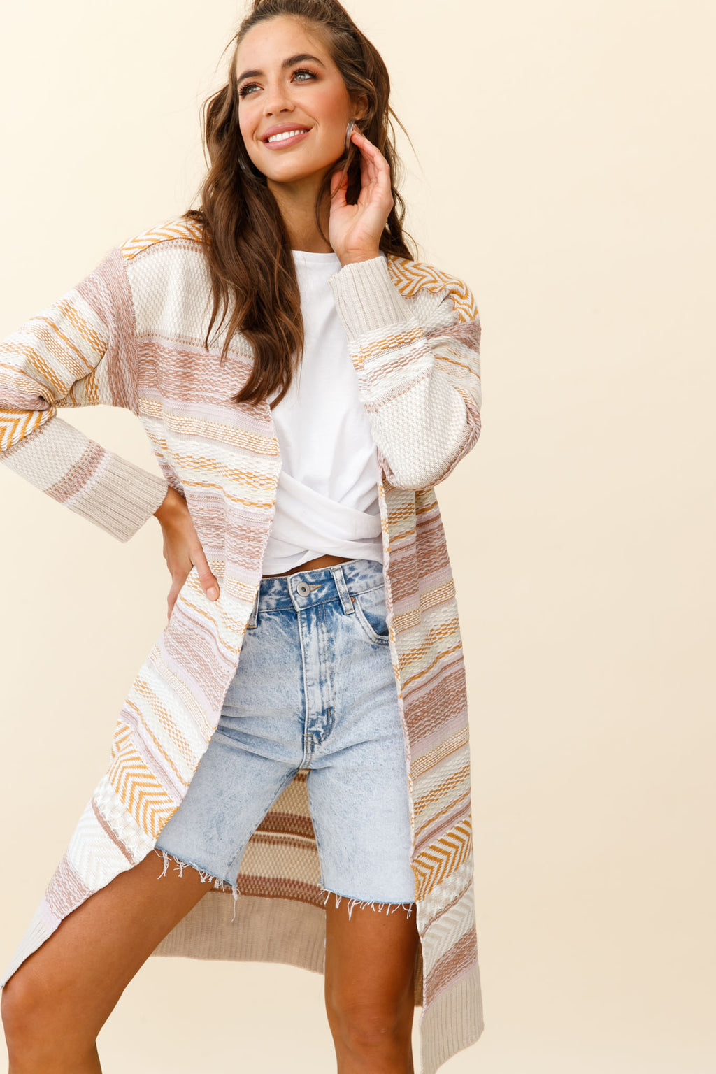 Sabine Long Line Textured Knit Cardigan Beige by Selfie Leslie