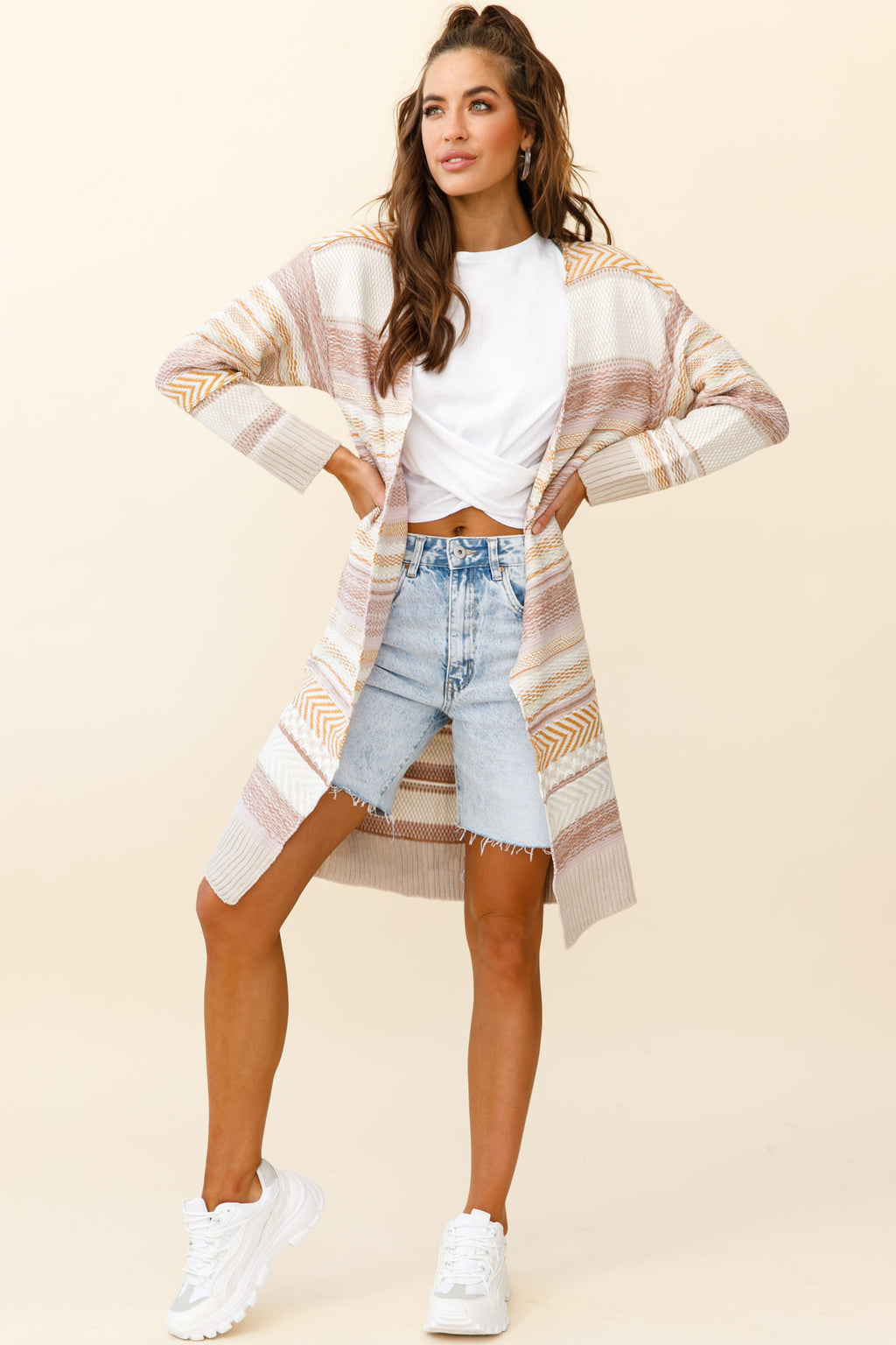 Sabine Long Line Textured Knit Cardigan Beige by Selfie Leslie