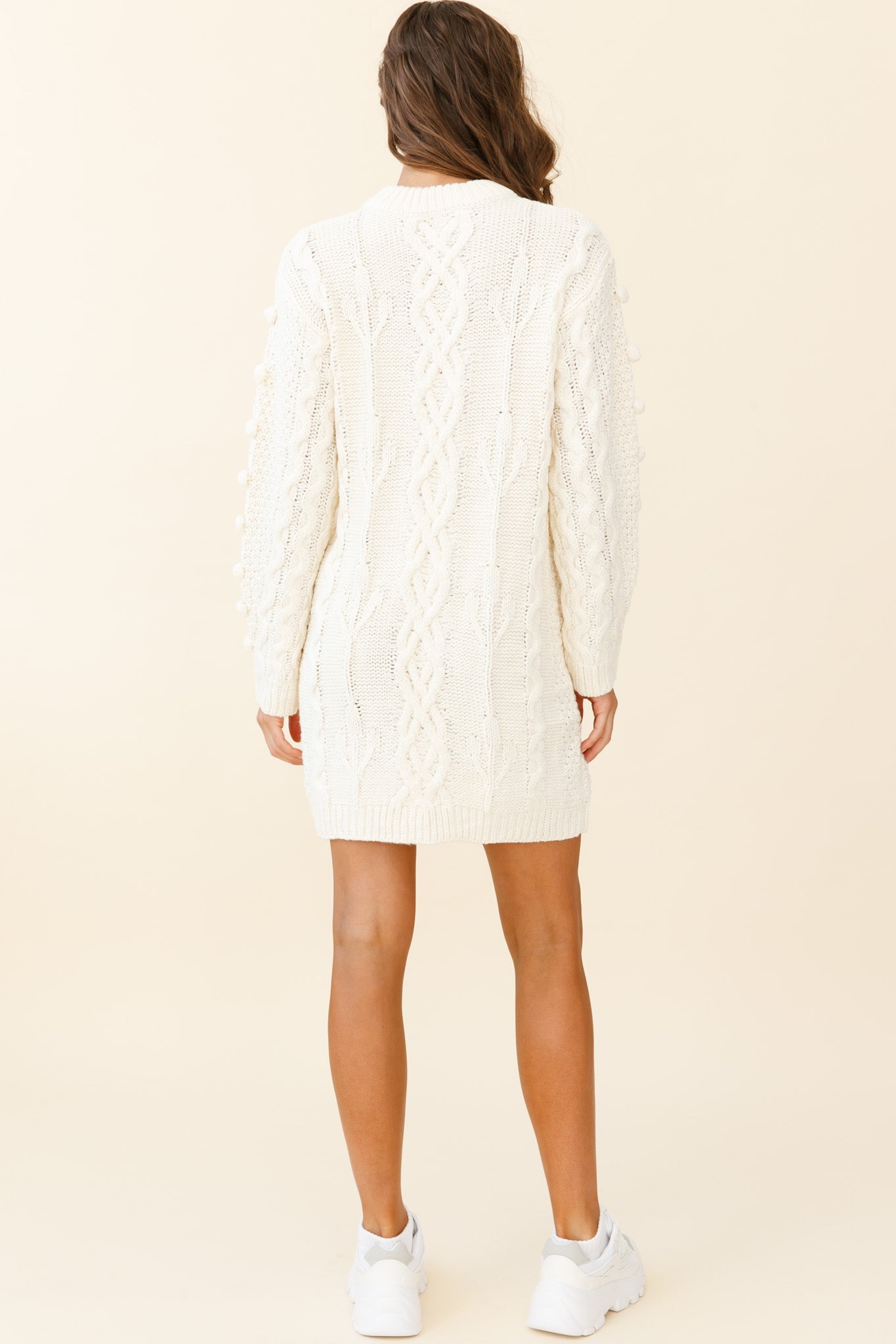 Snowstorm Pom Pom Detail Knit Sweater Dress Cream | Selfie Leslie Snowstorm Pom Pom Detail Knit Sweater Dress Cream | Selfie Leslie