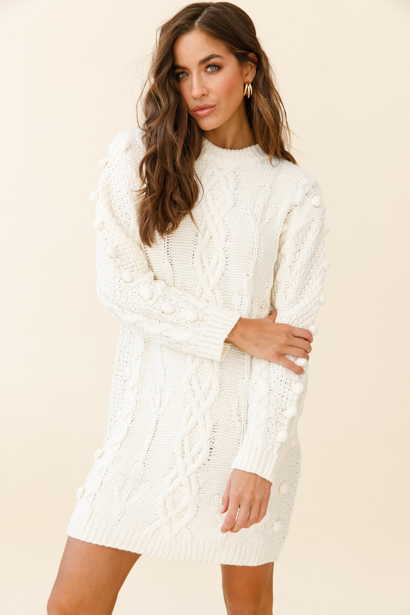 Snowstorm Pom Pom Detail Knit Sweater Dress Cream | Selfie Leslie