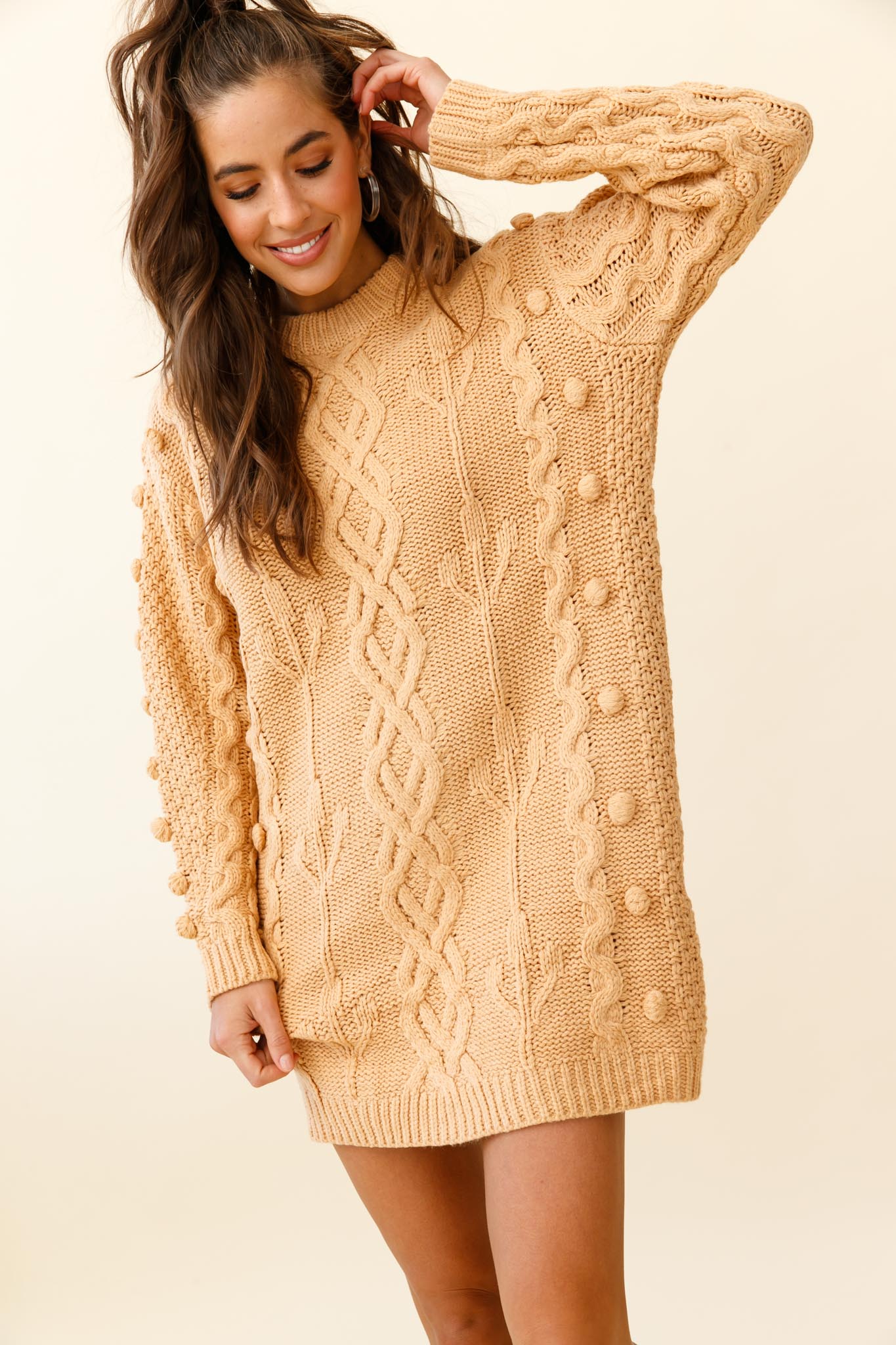 Snowstorm Pom Pom Detail Knit Sweater Dress Mustard by Selfie Leslie