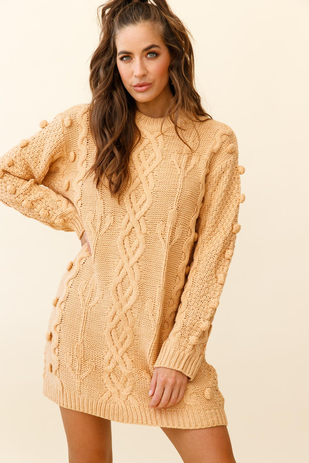 Snowstorm Pom Pom Detail Knit Sweater Dress Mustard by Selfie Leslie