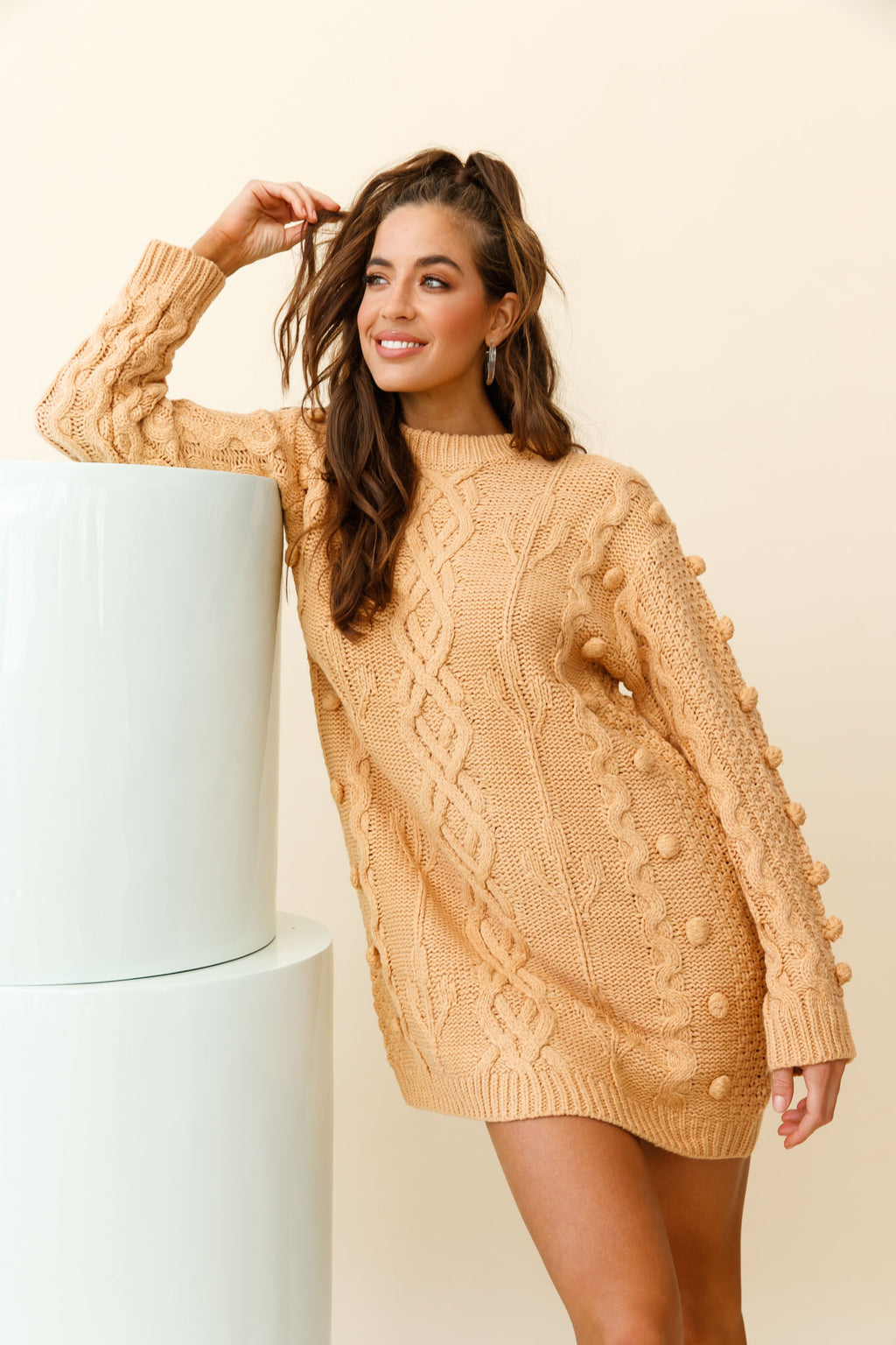 Snowstorm Pom Pom Detail Knit Sweater Dress Mustard by Selfie Leslie