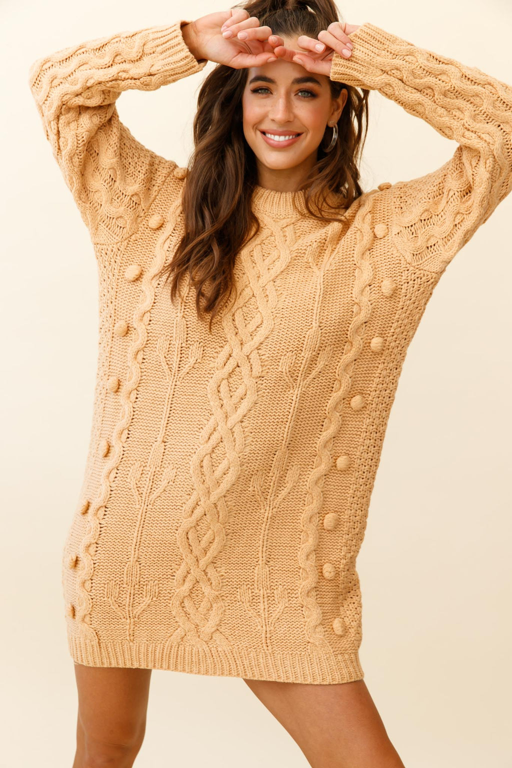 Snowstorm Pom Pom Detail Knit Sweater Dress Mustard by Selfie Leslie