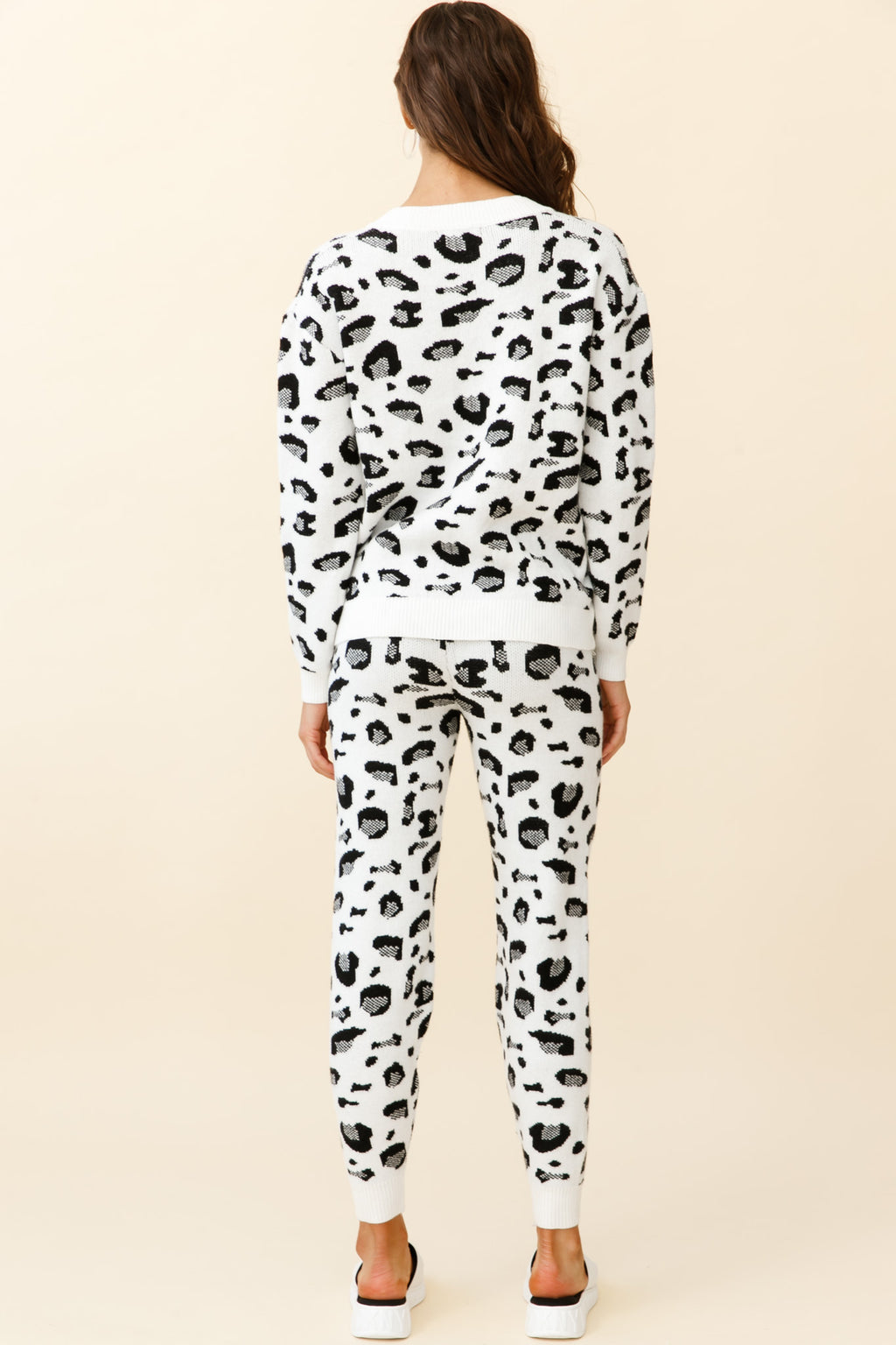 Chase The Moon V-Neck Sweater & Pants Set White Leopard Print by Selfie Leslie