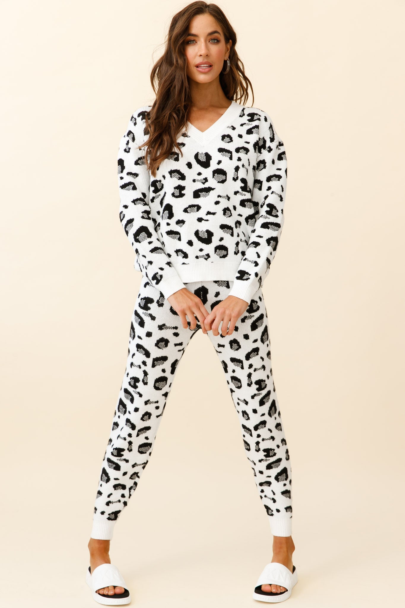 Chase The Moon V-Neck Sweater & Pants Set White Leopard Print by Selfie Leslie