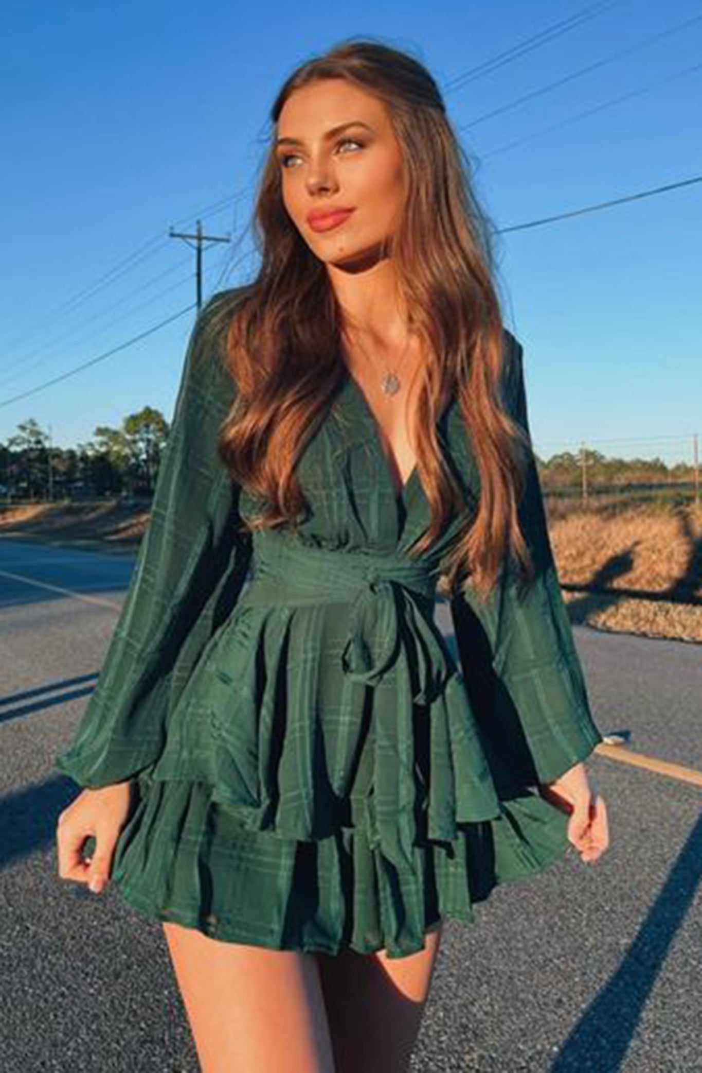 Maddox Fit & Flare Long Sleeve Romper Forest Green Selfie Leslie Maddox Fit & Flare Long Sleeve Romper Forest Green Selfie Leslie