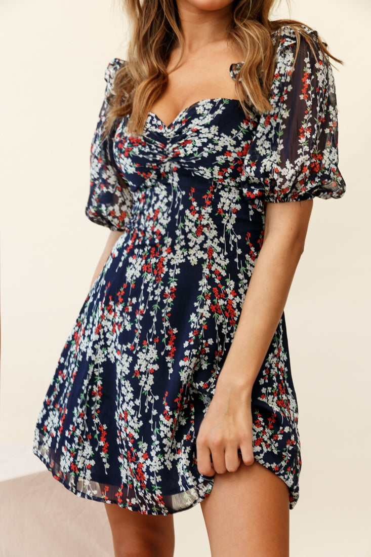 Cherub Puff Sleeve Sweetheart Neckline Dress Floral Print Navy by Selfie Leslie