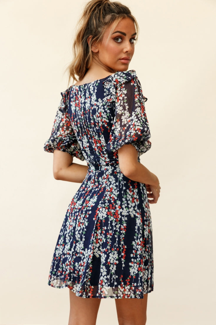 Cherub Puff Sleeve Sweetheart Neckline Dress Floral Print Navy by Selfie Leslie