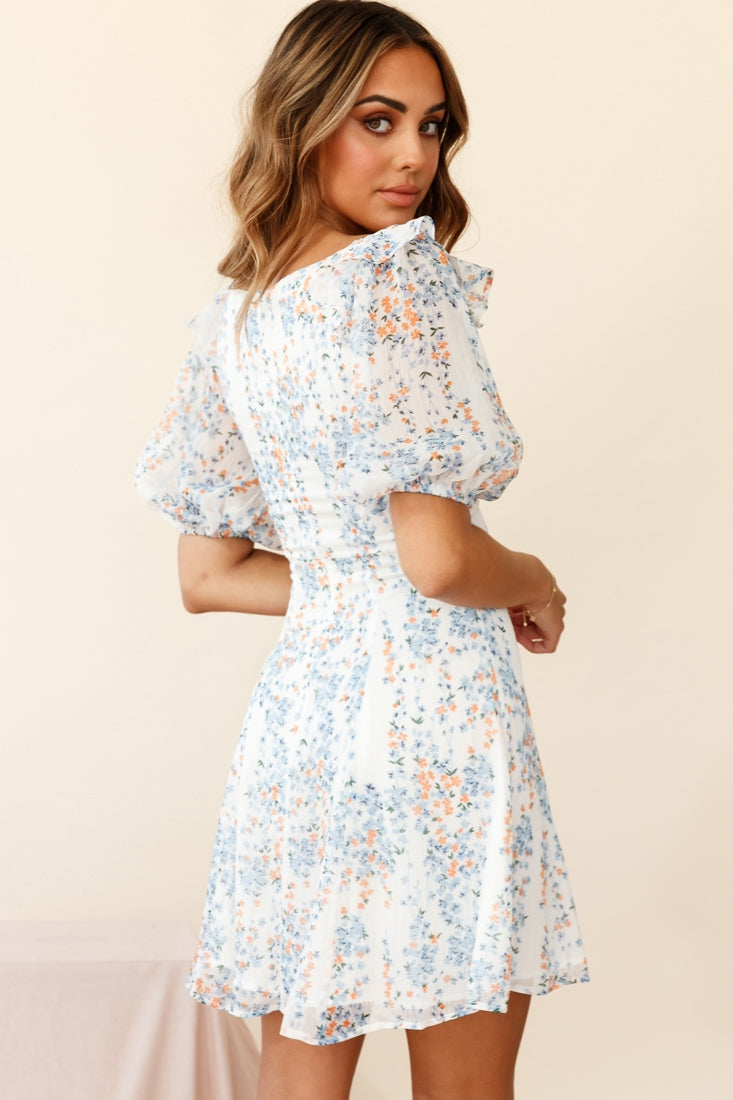 Cherub Puff Sleeve Sweetheart Neckline Dress Floral Print White by Selfie Leslie