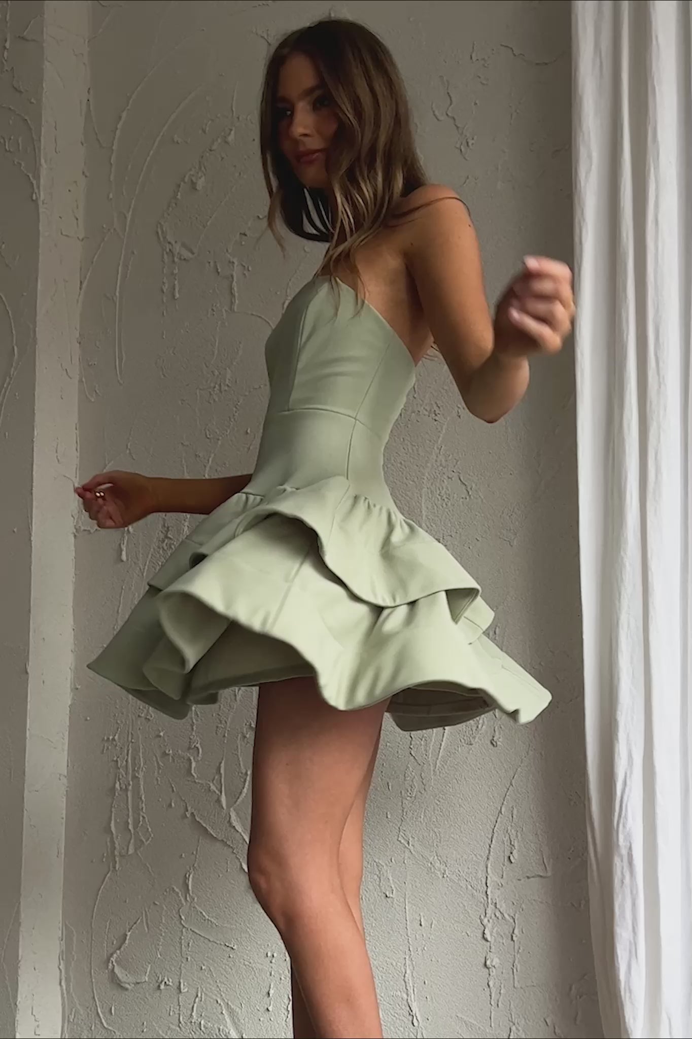 Bella Donna Strapless Frill Dress Pistachio