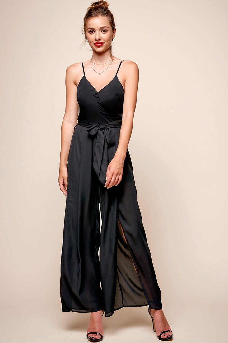 Carrie High Slit Chiffon Jumpsuit Black by Selfie Leslie