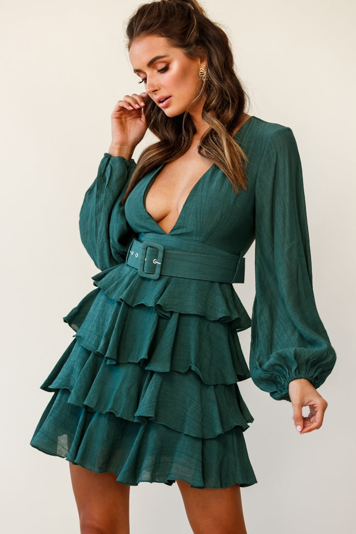 Queensland Balloon Sleeve Tiered Frill Lace Dress Steel Blue