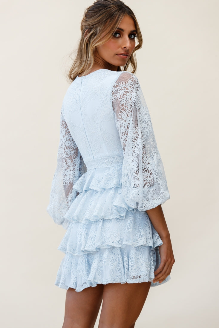 Queensland Balloon Sleeve Tiered Frill Lace Dress Steel Blue by Selfie Leslie