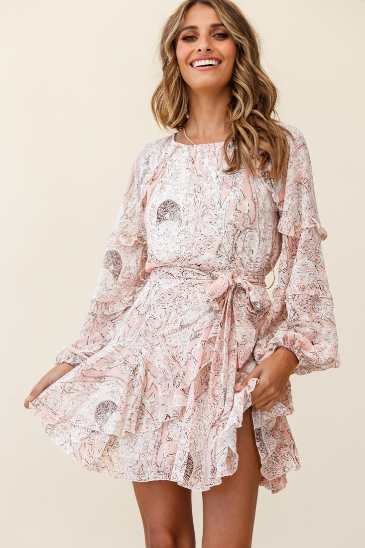 Angelini Long Sleeve Waist Tie Dress Floral Print Pink by Selfie Leslie