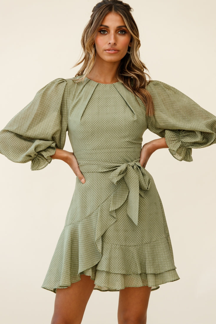 Agnes Long Sleeve Pleat Detail Dress Olive by Selfie Leslie