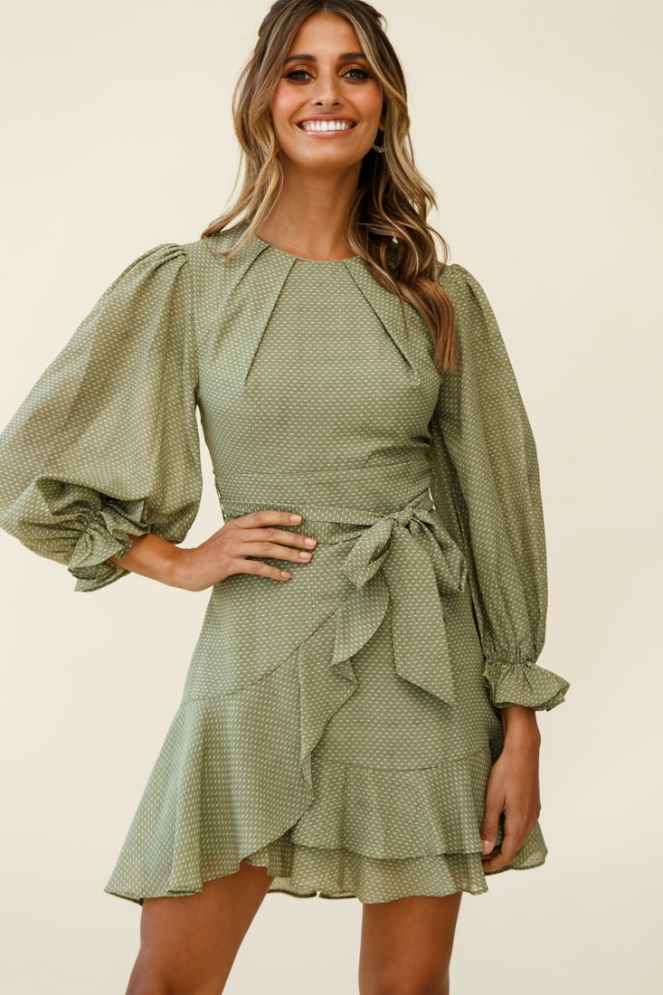 Agnes Long Sleeve Pleat Detail Dress Olive by Selfie Leslie