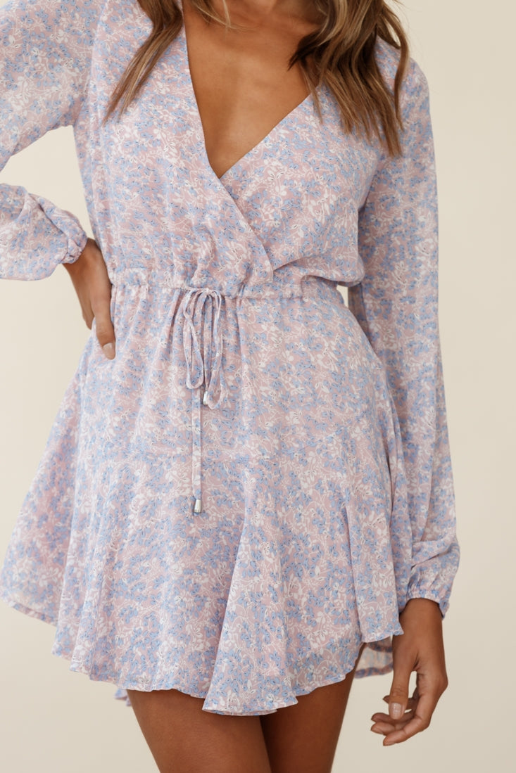 Marlene Long Sleeve Drawstring Waist Dress Floral Print Pink by Selfie Leslie