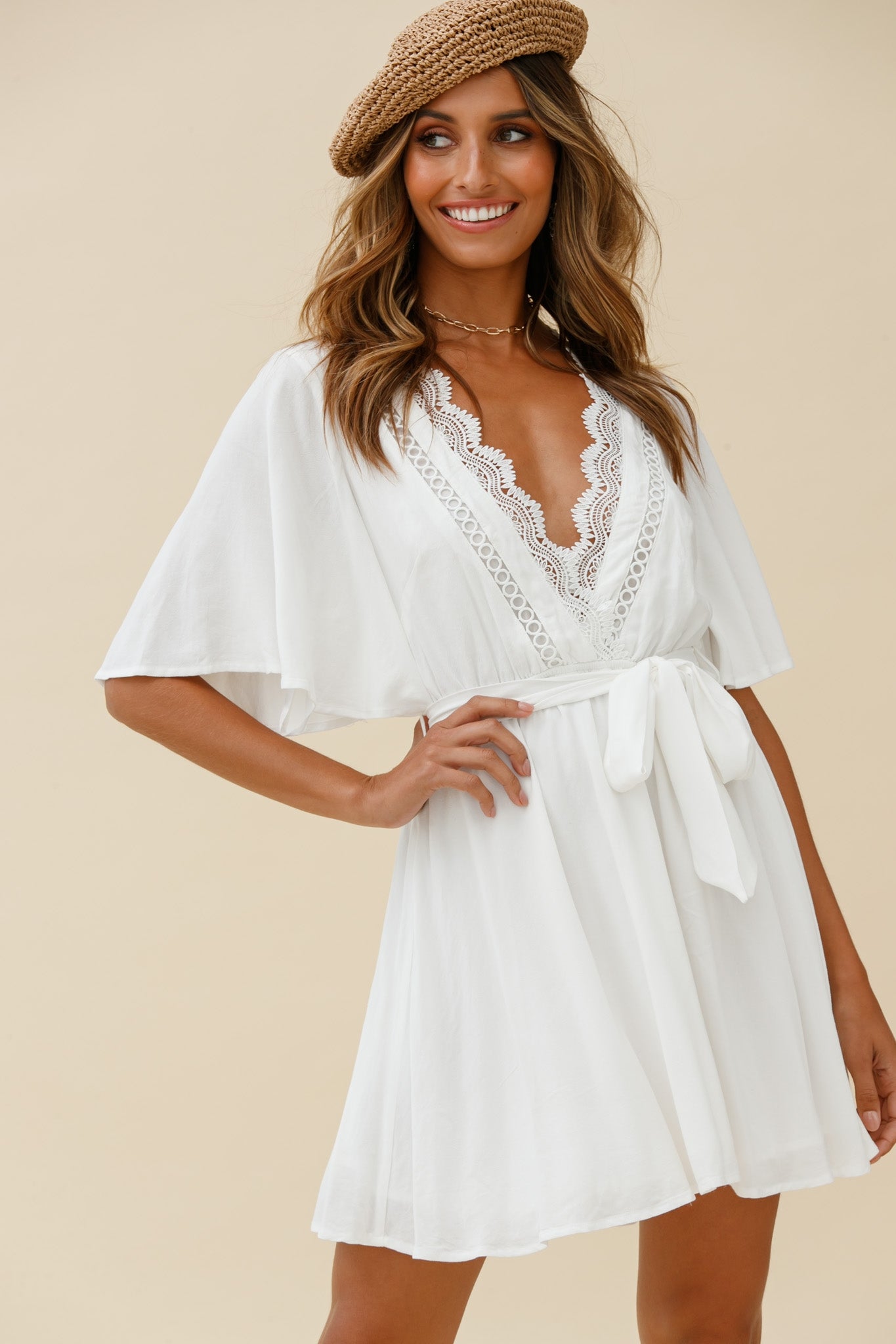 Shop the Angela Lace-Trimmed Bust Angel Sleeve Dress White | Selfie Leslie
