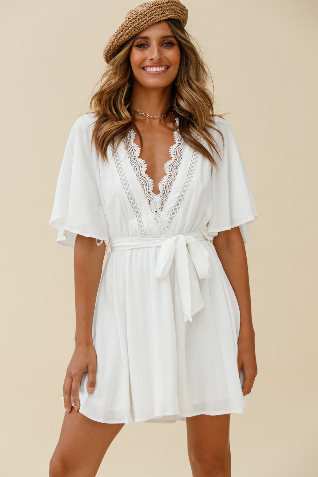 Angela Lace-Trimmed Bust Angel Sleeve Dress White by Selfie Leslie