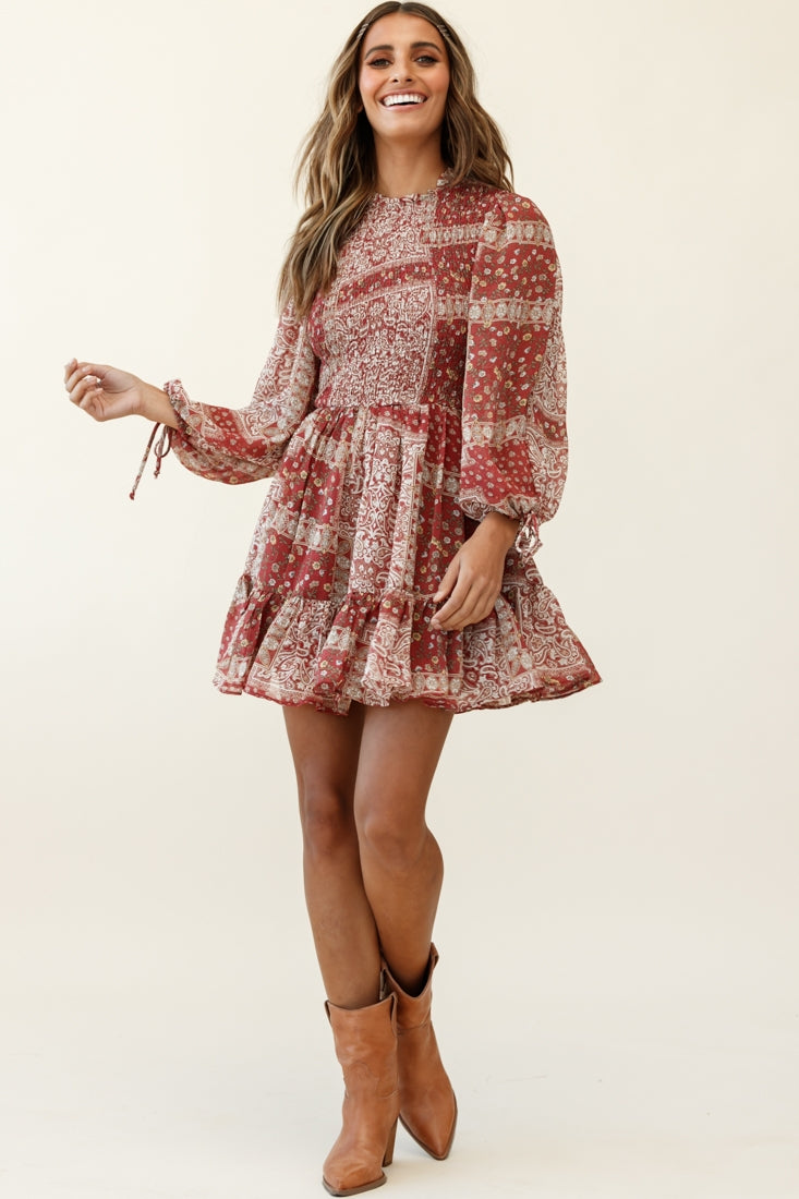 Marja Long Balloon Sleeve Shirred Dress Paisley Print Burgundy by Selfie Leslie