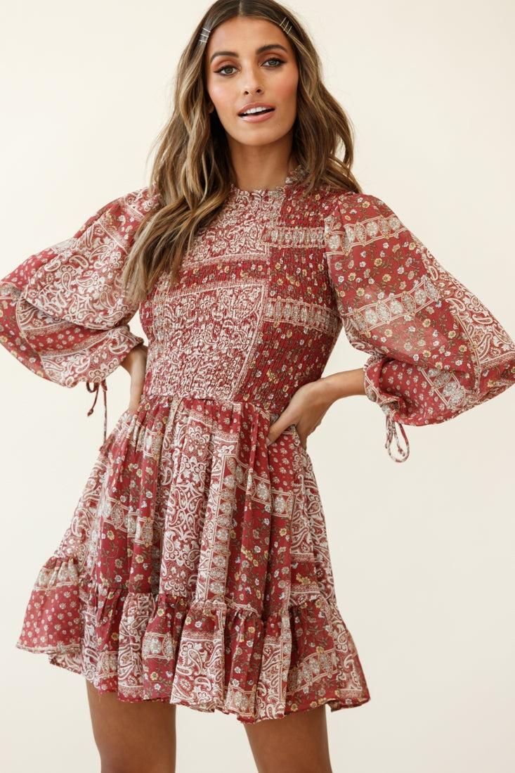 Marja Long Balloon Sleeve Shirred Dress Paisley Print Burgundy by Selfie Leslie