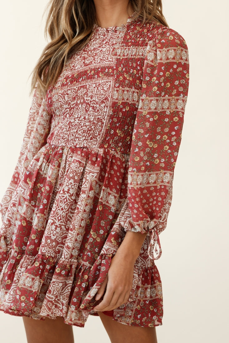 Marja Long Balloon Sleeve Shirred Dress Paisley Print Burgundy by Selfie Leslie