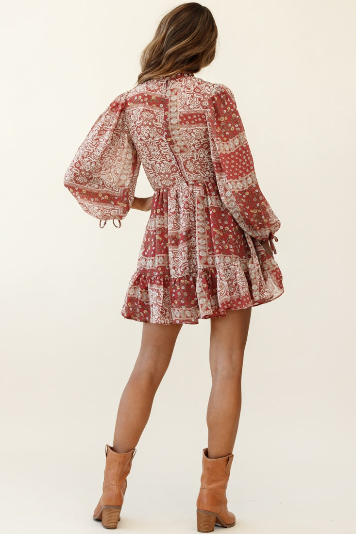 Marja Long Balloon Sleeve Shirred Dress Paisley Print Burgundy by Selfie Leslie