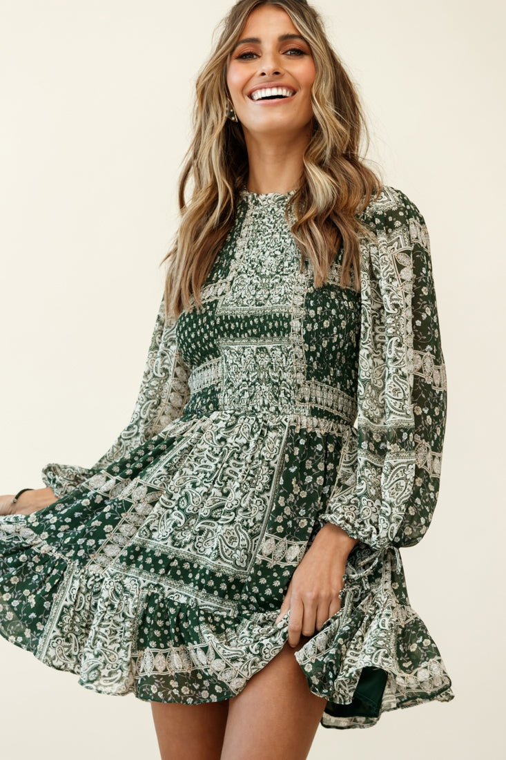 Marja Long Balloon Sleeve Shirred Dress Paisley Print Forest Green by Selfie Leslie