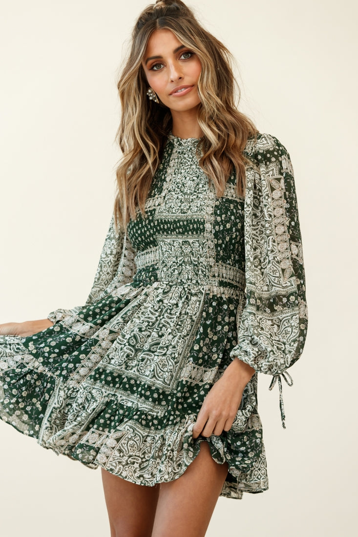 Shop the Marja Long Balloon Sleeve Shirred Dress Paisley Print Forest ...