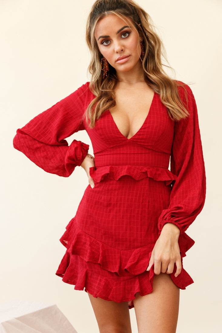 Queenie Long Balloon Sleeve Ruffle Trim Dress Wine by Selfie Leslie